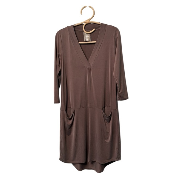 Dolan X Anthropologie Tegan Tunic Split Neck Drop Waist Cupro Mini Dress Size XS - Picture 3 of 14